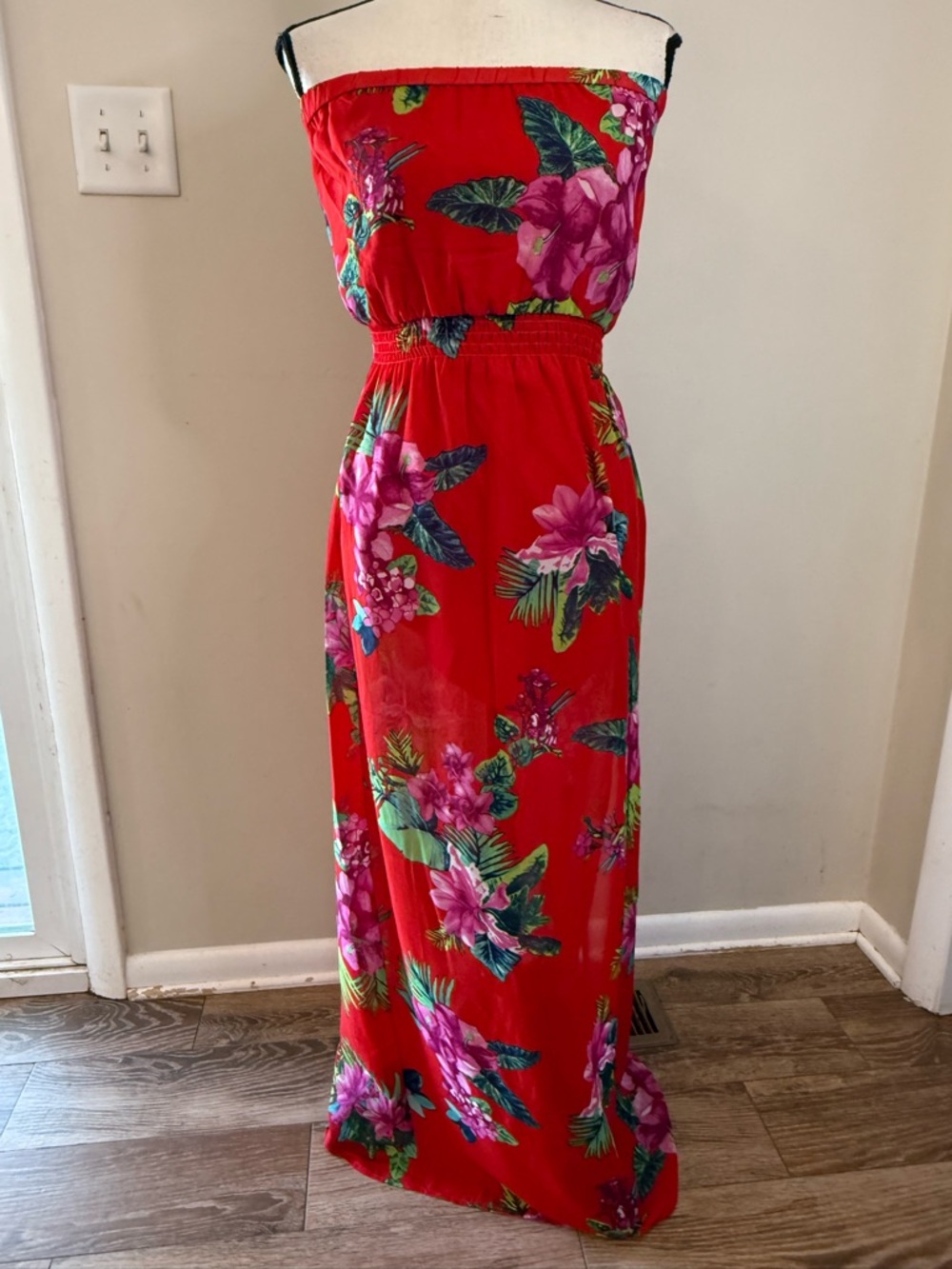 Strapless Red Floral Maxi Dress Size Large